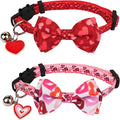 ADOGGYGO Valentine Cat Collars with Bow Bell, Breakaway Cat Bowtie Collar Red Pink Heart Pattern Valentine Collars for Girl Boy Cats Kittens