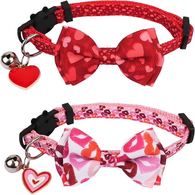 ADOGGYGO Valentine Cat Collars with Bow Bell, Breakaway Cat Bowtie Collar Red Pink Heart Pattern Valentine Collars for Girl Boy Cats Kittens