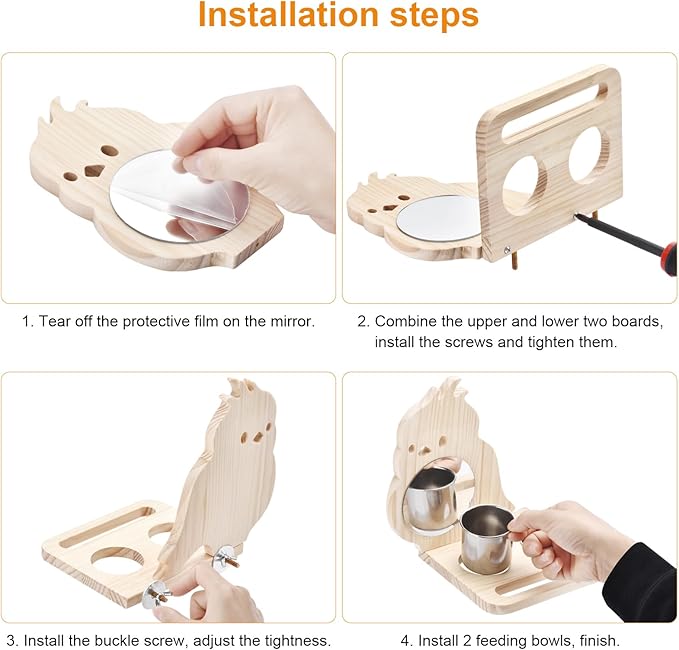 Feeder with Acrylic Mirror & Stainless Steel Bowls, Natural Wood Perch, Cage Accessories, Parakeet Cage Supplies, Tool-Free Adjustable Kit for Parakeet, Cockatiel & Lovebird