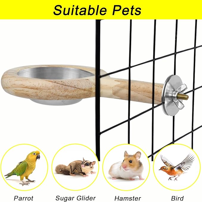 ASOCEA 2 Pack Bird Perch Feeding Cup, Bowls for Cage Wooden Perch Stand Hanging Bowls for Bird Cage Accessory Parrot Wood Perch Stand Toy for Parakeet Lovebird Cockatiel Budgie