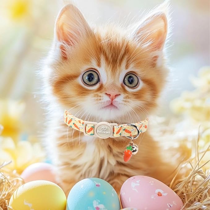 2 Pack Easter Cat Collars - Playful Chick & Carrot Easter Breakaway Cat Collar with Bell & Matching Pendant, Adjustable Spring Holiday Pink Yellow Kitten Collars for Boy Girl Cats