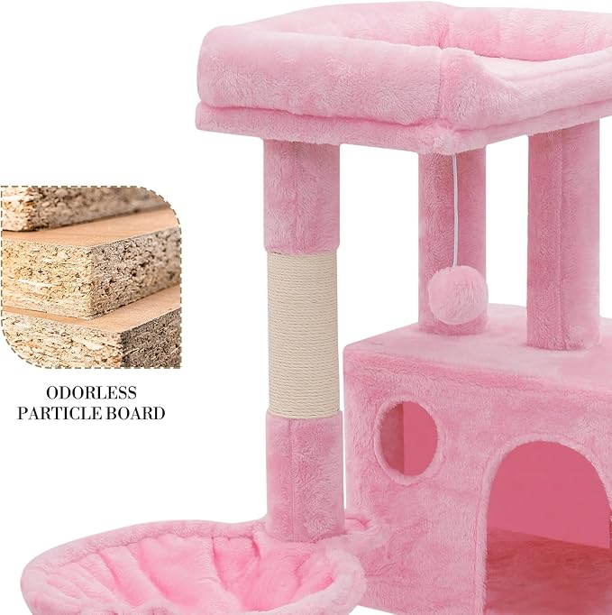 Athena Collection Cat Tree, 36 Inch Tall Cat Tree Tower for Indoor Cats, Multi-Level Cat Tower House Activity Center Climbing Tower with Cat Condo & Hammock & Scratching Post & Dangling Ball, Pink
