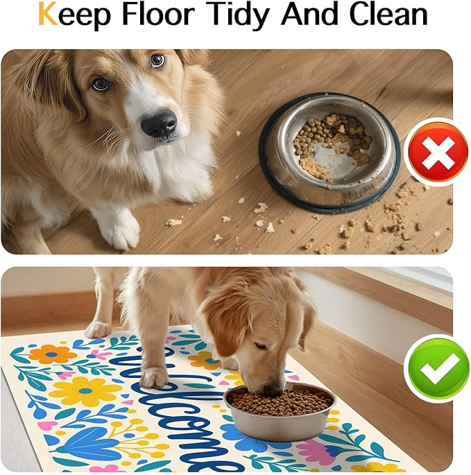 Daisy Flower Pet Food Mat 20" x 12" Welcome Sign Pet Feeding Mat Non Slip Mats for Dog Food and Water Bowls Easy Clean Fast Dry Placemat for Cat Food Mats for Indoor Trendy Pet Accessories