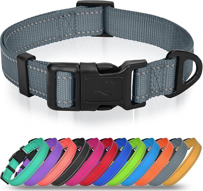 Joytale Large Dog Collar, Reflective and Adjustable Nylon Pet Collar with Quick-Release Buckle for Extra Large Dogs, Gray, XL