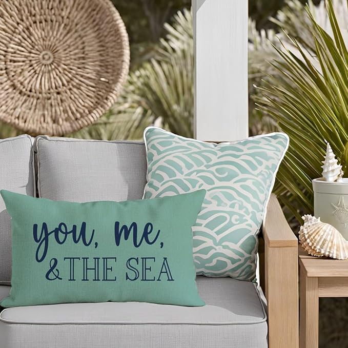 PANDICORN Summer Beach Throw Pillow Cover 12x20 Inch Blue Words You Me and The Sea Ocean Sea Coastal Aqua Outdoor Decorations Lumbar Decorative Cushion Case for Sofa Couch Home Living Room Decor