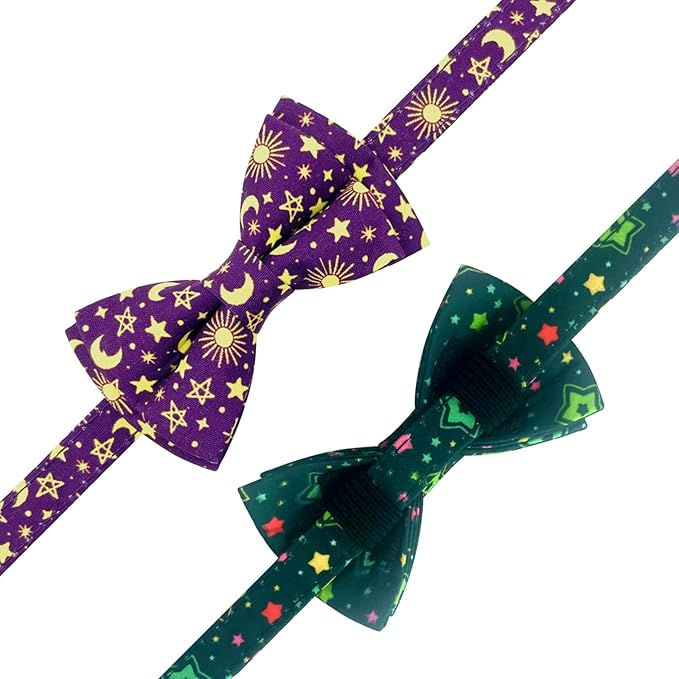 2 Pack Cotton Cat Collar with Bow Tie and Bell for Girl Boy Cats,Cute Pink Flamingo and Blue Whale Pattern Spring Summer Breakaway Cat Collar for Male Female Cats (Star&Moon)