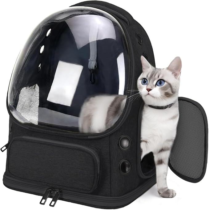 Breathable Cat Backpack Carrier, Large Space Cat Bubble Backpack for Kitty & Small Dog up to 18lbs, Foldable Cat Carrier Backpack, Transparent Airline Approved Carrier for Travel (Black)