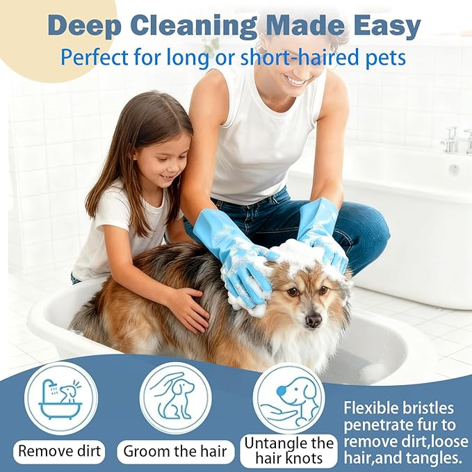 Pet Grooming Gloves Bite-Resistant Pet Bathing Gloves with Anti-Slip Particles, Wet and Dry Use, Safe for All Ages. Great as Dog Brush Glove and Cat Gloves for Grooming
