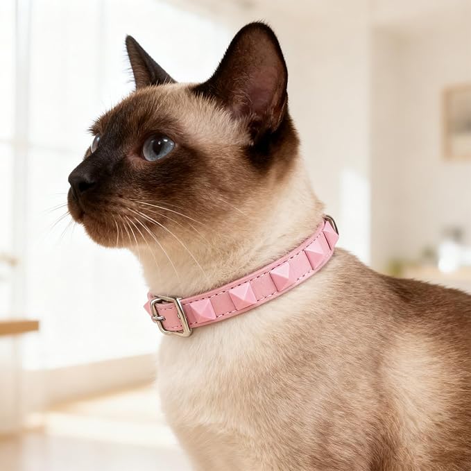 EXPAWLORER Halloween Leather Cat Collar - Adjustable Pet Collar with Rivet Spike for Girl Boy Cats, Punk Accessories with Bell & Durable D-Ring,Pink Square Nails