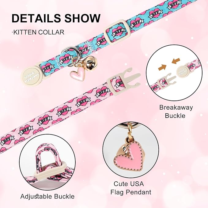 Unique Style Paws Pink Kitten Collars,Cute Valentine Cats Collar with Bell,Kitten Collar Breakaway Buckle with Heart Pattern,Adjustable Valentine Cat Collars,Ideal Gift for Boy Girl Cats