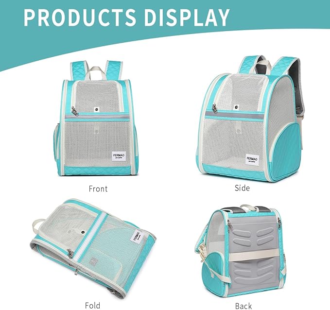 Cat Backpack Carrier for Small Dogs and Medium cat Puppy Kitten Bunny Pet Carrier Backpack Collapsible with Fully Ventilated Mesh with Safety Leash (LightGreen, 12.9" L x 10.62" W x 15.5" H - M)