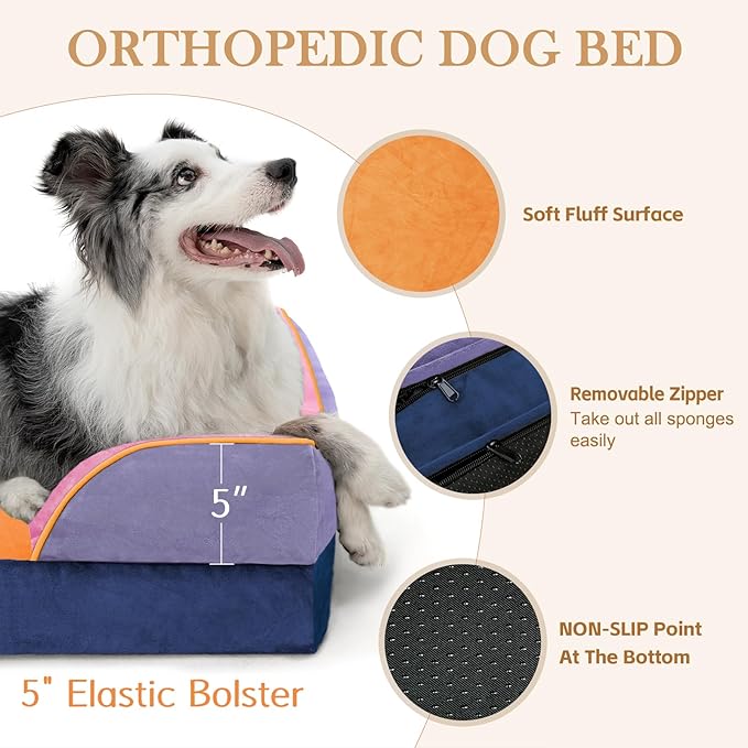 Comfort Expression Orthopedic Dog Bed for Extra Large Dogs 42x30 Inch, Waterproof Egg Crate Foam XL Pet Bed with Removable Bolsters, Dog Couch with Washable Cover & Non-Slip Bottom, Orange Breeze