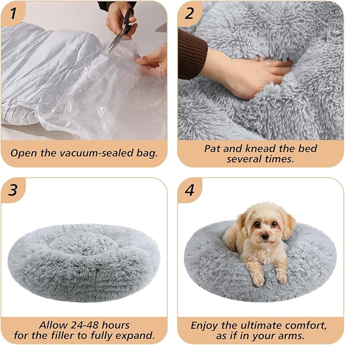 JOLLYVOGUE Calming Dog Bed Large Size Dog, Anti-Anxiety Donut Large Pet Bed, 36 inches Fluffy Faux Fur Round Cat Bed, Fits up to 75 lbs Pets (Smoke Grey)