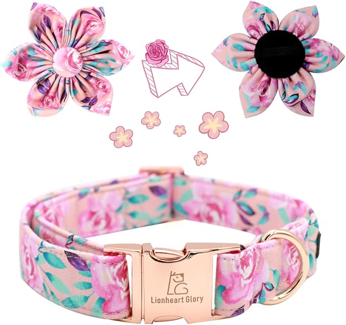 Lionheart Glory Dog Collar, Pink Dog Collar with Flower, Cute Floral Pattern Pet Collar Adjustable Dog Collar for Large Dogs