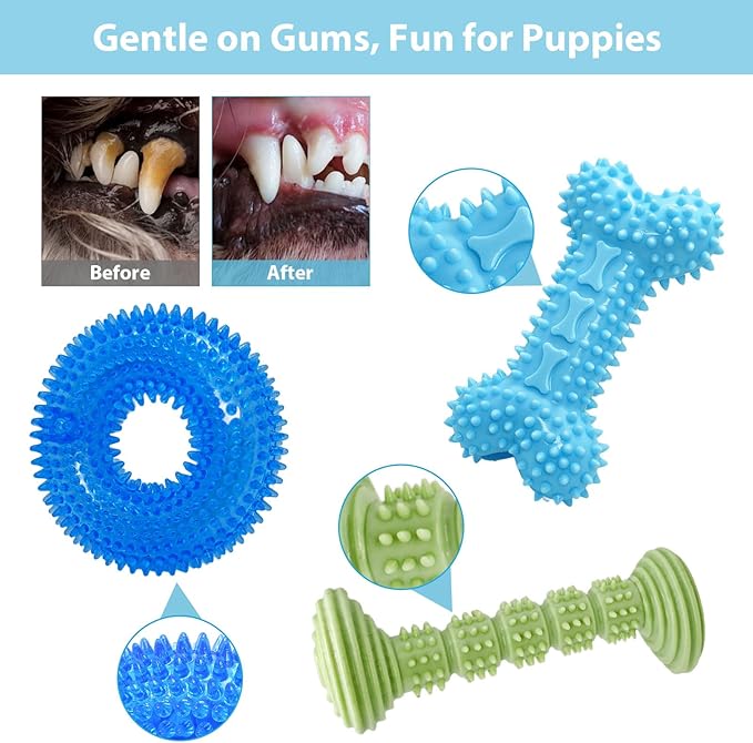 3-Pack Puppy Chew Toys for Teething Relief – Soft & Durable Rubber Toys for Small & Medium Puppies, Includes Squeaky Donut, Bone & Food-Dispensing Toys for Teeth Cleaning & Oral Health
