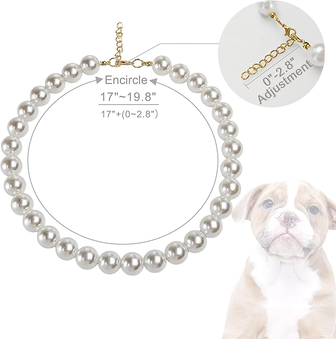 Chunky Pearl Dog Collar Large Breed (0.55 Inch), Adjustable Dog Necklace, Beaded Dog Collar Imitation White Pearls, Elegant Dog Jewelry Suit for Medium Large Dog 17"-19.8" Inner Circumference