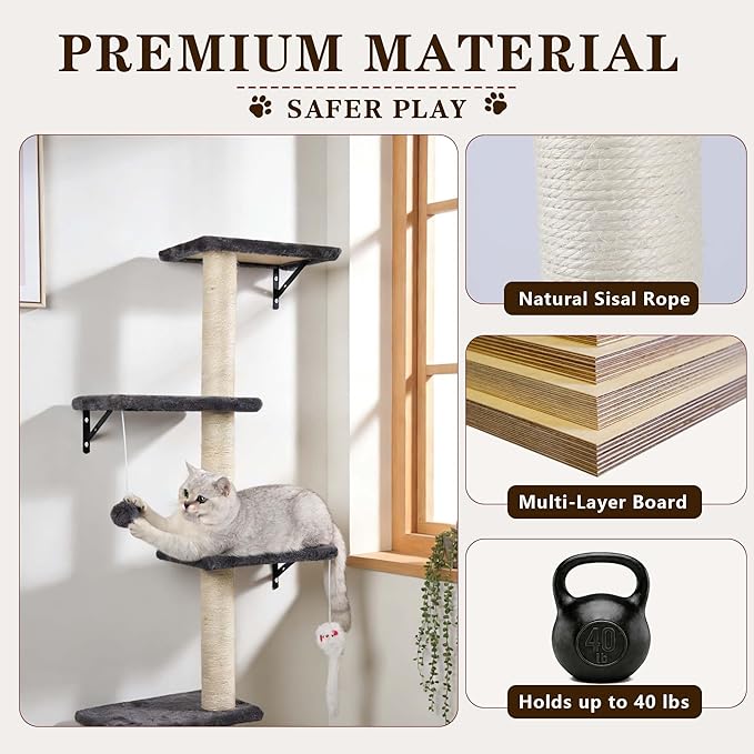 ANWA 5-in-1 Cat Wall Shelves with Scratching Posts & Cozy Condo, Space-Saving Cat Wall Furniture with Scratcher, Multi-Level Cat Wall Climber with Floating Shelves for Indoor Cats, Dark Gray