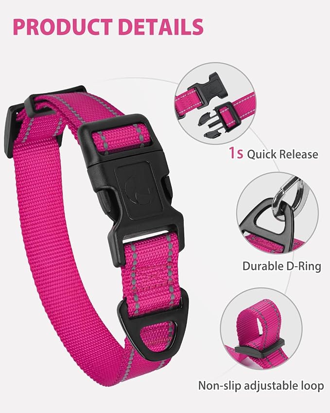 Joytale Reflective Dog Collar, Adjustable Nylon Pet Collar with Quick-Release Buckle for Medium Dogs, Hotpink, M