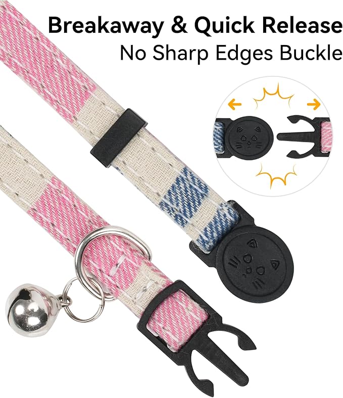 Joytale Upgraded Cat Collar with Bells, Breakaway Cat Collars with Bow Tie, 1 Pack Girl Boy Safety Plaid Kitten Collars, Pink