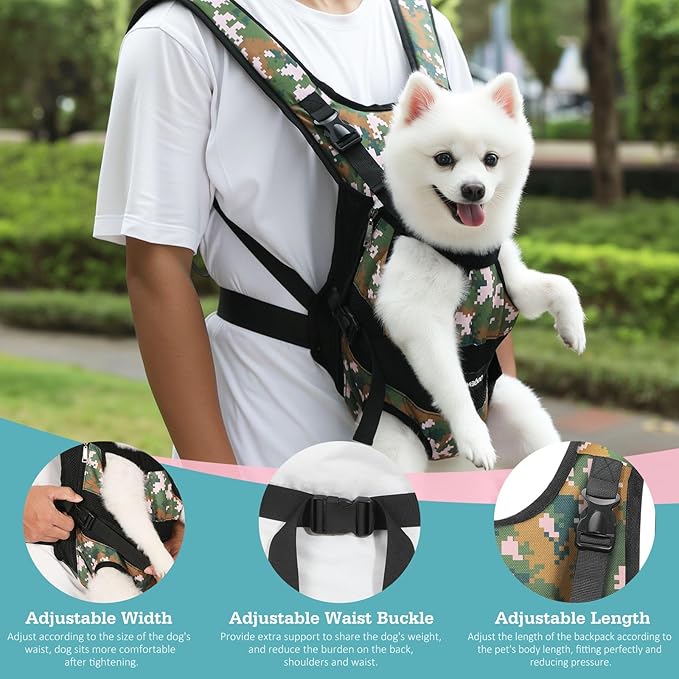 Pawaboo Pet Dog Front Carrier Backpacks, Legs Out Pet Carrier Backpack for Dogs, Adjustable Easy-fit Dog Chest Carriers for Small Medium Dogs Hands Free for Travel Hiking Cycling Camping, XL, Camo
