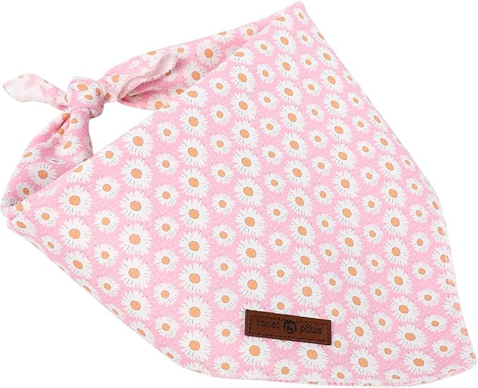 Lionet Paws Spring Daisy Dog Bandana Washable Cotton Handkerchief Scarf Triangle Pink Bandana for Small Medium Large Dogs Girl Boy
