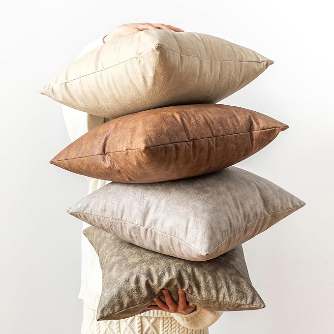 Pack of 4 Neutral Decorative Faux Leather Throw Pillow Covers 20x20 inch, Soft Modern Boho Luxury Waterproof Floor Cushion Cases, for Outdoor Lounge Sofa Couch Bed Home Decor