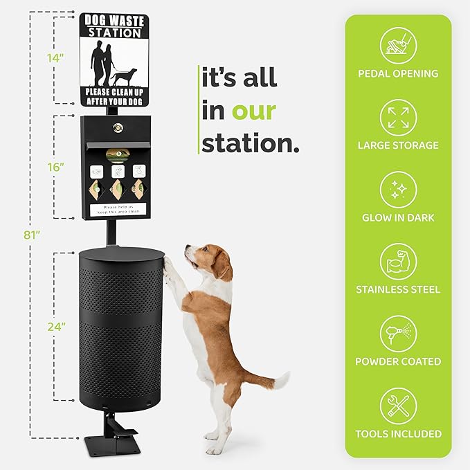 Hands-Free Dog Waste Station Outdoor with Pedal - Dog Waste Disposal System for Park & Trails - Rust Proof Doggie Station - Night Glowing Sign | 800 Pet Waste Bags & 100 Can Liners (Black)