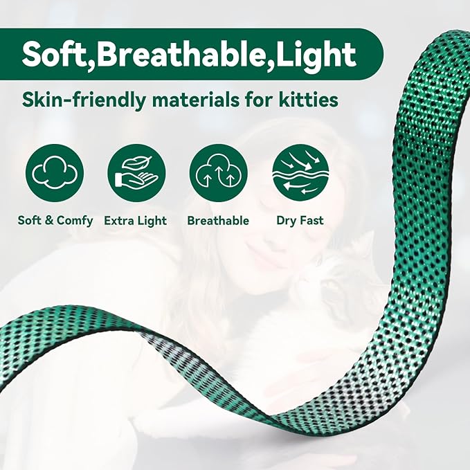Cat Harness and Leash Set, 3-in-1 Escape Proof Adjustable, Comfortable Soft Lightweight, Safe, Easy to Wear, Walking Travel Kitten Harness for Small Medium Large Cats (Light Green)