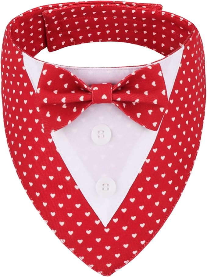 ADOGGYGO Valentine Dog Tuxedo Bandana, Red Heart Pet Tux with Bowtie Adjustable Valentine Costume for Extra Small Dogs Cats (XS)