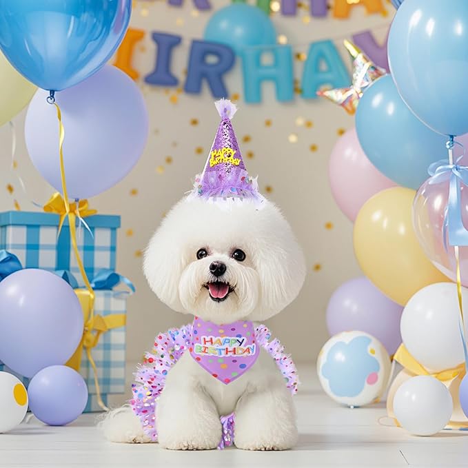 Dog Birthday Bandana with Hat and Dress Girl Set Puppy Birthday Party Supplies Cute Tutu Skirt Outfit for Small Medium Large Dogs Decorations(Purple)