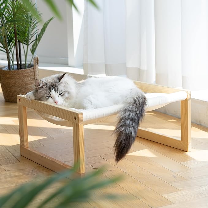 FUKUMARU Cat Bed Hammock, Cozy Velvet Cat Couch for Indoor Cats, Raised Wooden Cats Perch, 21 Inch Pet Sofa, Outdoor Dog Beds, Suitable for Puppy, Bunny and Small Animal, White