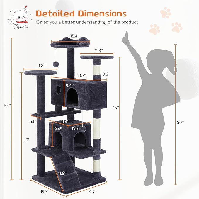 54 Inches Cat Tree Tower Condo Furniture, Multi-Level Cat Tower Condo Activity Center for Indoor Cats, Climbing Tree Cat House Padded Plush Perch, Kittens Pet Play House with Pom-pom, Pink