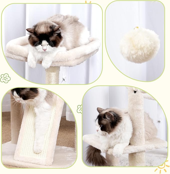 Hey-brother Cat Tree Tower, Scratching Posts with Removable Toys, Cozy Condo, Platform, Hammock, Sisal Scratch Board and Ball for Indoor Kittens, 41.3 Inches, Beige MPJ008SM