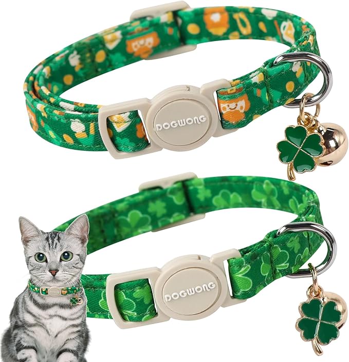 Cat Collar,2 Pack St.Patrick's Day Cat Collars Breakaway with Bell, DOGWONG Safety Buckle Cat Collar Green Trefoil Cat Collar for Girl Boy Cats，Adjustable 7-12 Inch