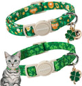 Cat Collar,2 Pack St.Patrick's Day Cat Collars Breakaway with Bell, DOGWONG Safety Buckle Cat Collar Green Trefoil Cat Collar for Girl Boy Cats，Adjustable 7-12 Inch