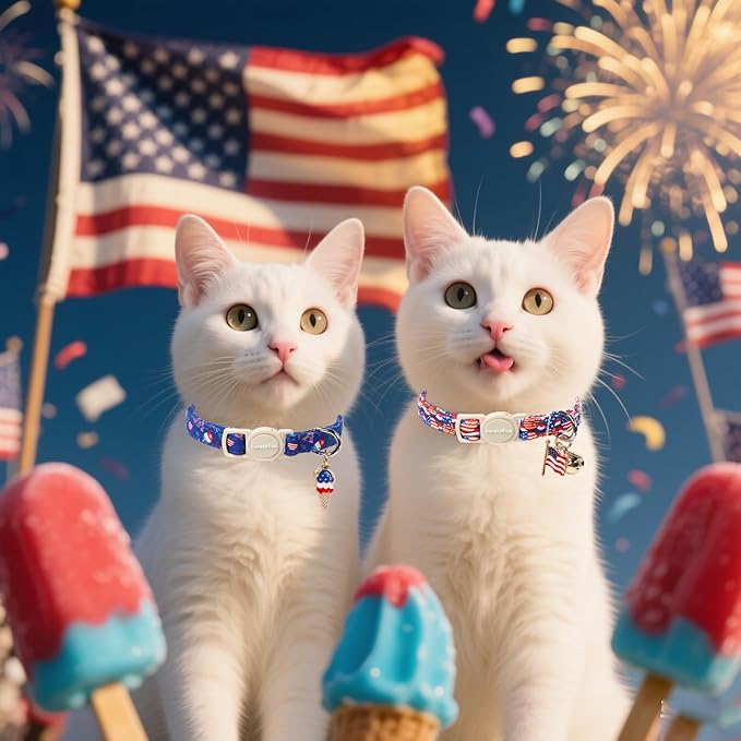 Lionet Paws 2pcs Pack 4th of July Cat Collar,Summer Cat Collars with Popsicle and USA Pattern,Cute Adjustable Cat Collar for Girl Boy Cats