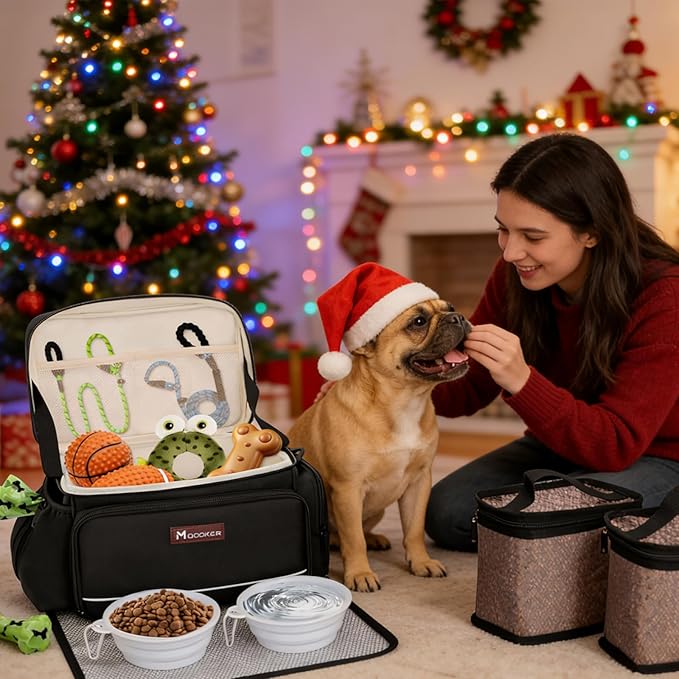 Modoker Dog Travel Bag Airline Approved Pet Cat Tote Organizer for Weekend Trips, 2 Bowls, 2 Food Containers & Feeding Mat