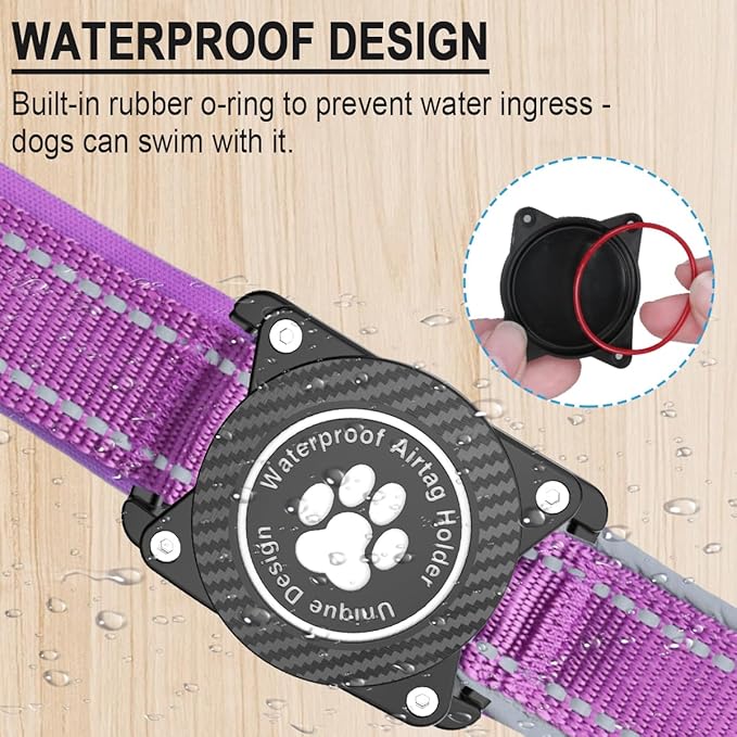 Airtag Dog Collar with Waterproof Air Tag Holder, Luminous Reflective, Soft Padded, Adjustable Nylon Pet Collar for Small Medium Large Heavy Duty Dogs,Purple, S