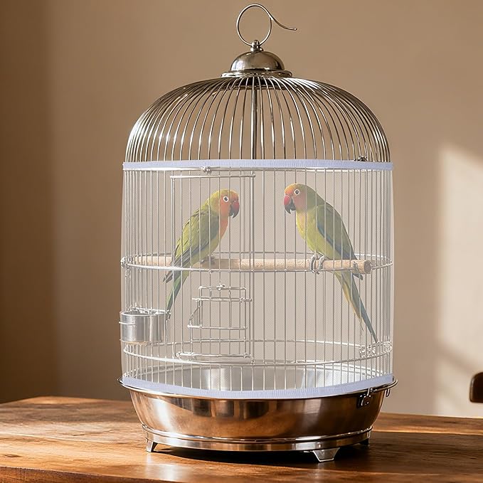 Fengek 2 Pcs Adjustable Bird Cage Cover & Seed Catcher Net - Stretchy Bird Cage Accessories for Night Cover & Seed Guard (White)