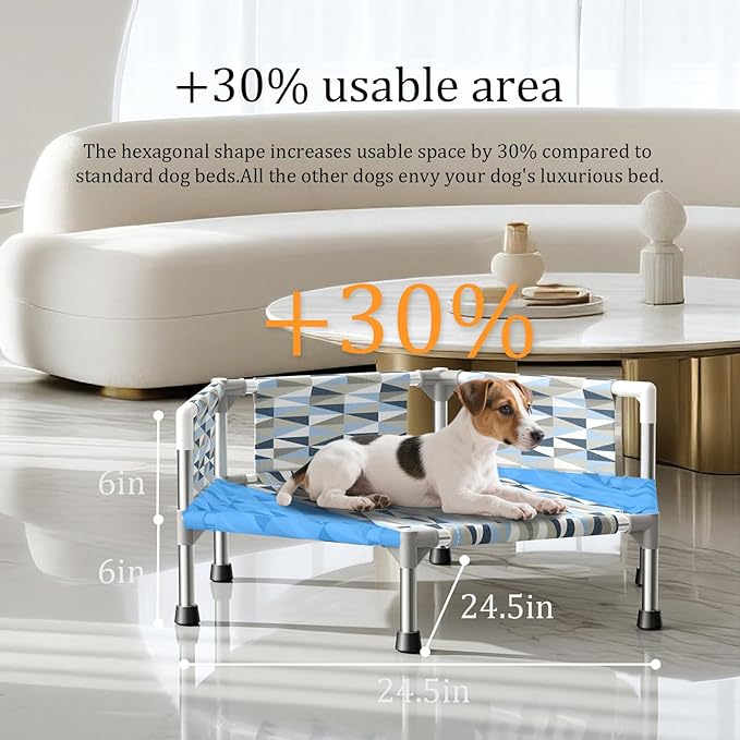 Elevated Dog Bed with Guardrail, Cooling Outdoor Pet Cot with 3-Sided Fence，Raised Dog Cot with 6-Metal Frame (Small)