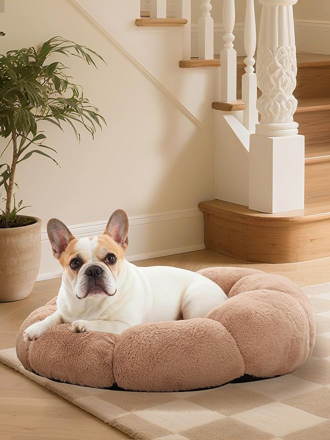 OhGeni 27 inches Calming Donut Dog & Cat Bed for Medium Pets, Warming Comfort Fluffy Short Pile Fur, Durable Machine Washable, Cute Round Bed for Puppy and Kitten, Camel