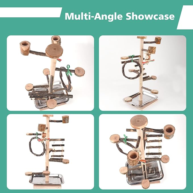 HOSUKKO Bird Playground Parrots Play Stand Wood Perches Stand, Bird Gym Playpen Platform Ladder with Feeder Cups for Cockatiels Budgies Lovebirds, Brown