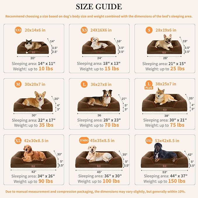 Comfort Expression Orthopedic Dog Bed for Extra Large Dogs 45x35 Inch, Waterproof Egg Crate Foam XL Pet Bed with Removable Bolsters, Dog Couch with Washable Cover & Non-Slip Bottom, Dark Brown
