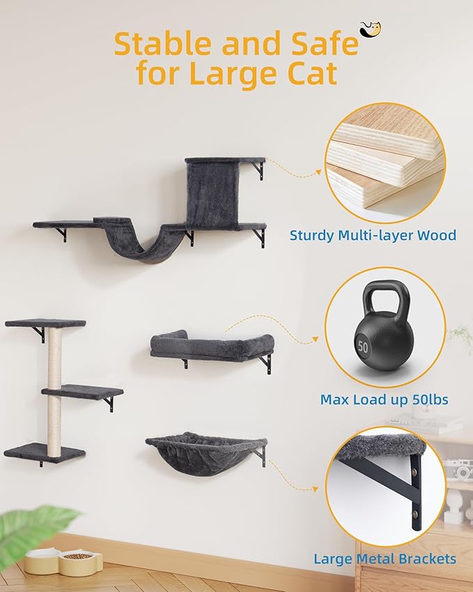 Heavy Duty Cat Wall Shelves for Indoor Cats Large Adult, 17'' Large Hammock and Perch Bed for Wall, 5-in-1 Wall-Mounted Cat Climbing Set for Multi-Room Use