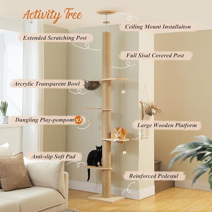 PETEPELA Floor to Ceiling Cat Tree, Adjustable Height(79-103'') Solid Wooden Tall Cat Tower for Indoor Cats with Sisal Scratching Post, Acrylic Bowl and Play Pompom, Wooden Beige