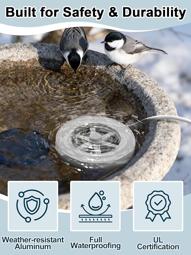 Alphatool 70W Bird Bath Heater for Outdoors in Winter - 77℉~ 109℉ Thermostatic Control, Heated Birdbath Deicer with Auto Shut Off, Chicken Livestock Water Heater