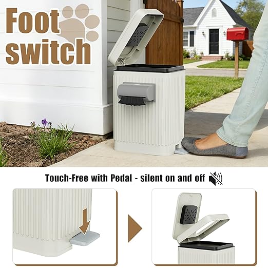 Dog Poop Trash Can for Outside & Indoor, 5L/1.3Gal Small Odor Control Pet Waste Bin with Carbon Filter, 2-Way Open (Step & Press Top), Dog Waste Container with Trash Bag Holder, White