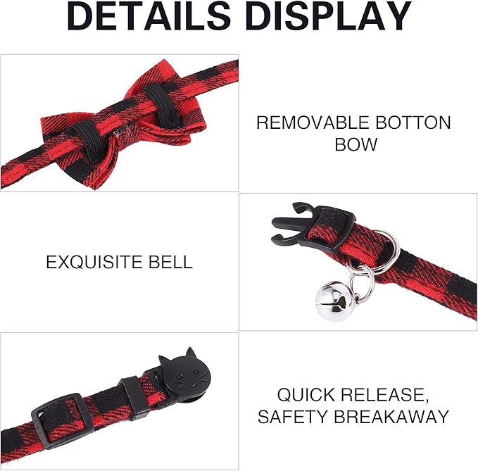 DragonflyDreams 6 PCS Cat Collars with Bow Tie and Bell,Cat Collars Plaid,Breakaway Adjustable Cat Bow Tie Collars,Cute Bow Tie Suitable for Kittens Or Certain Puppies
