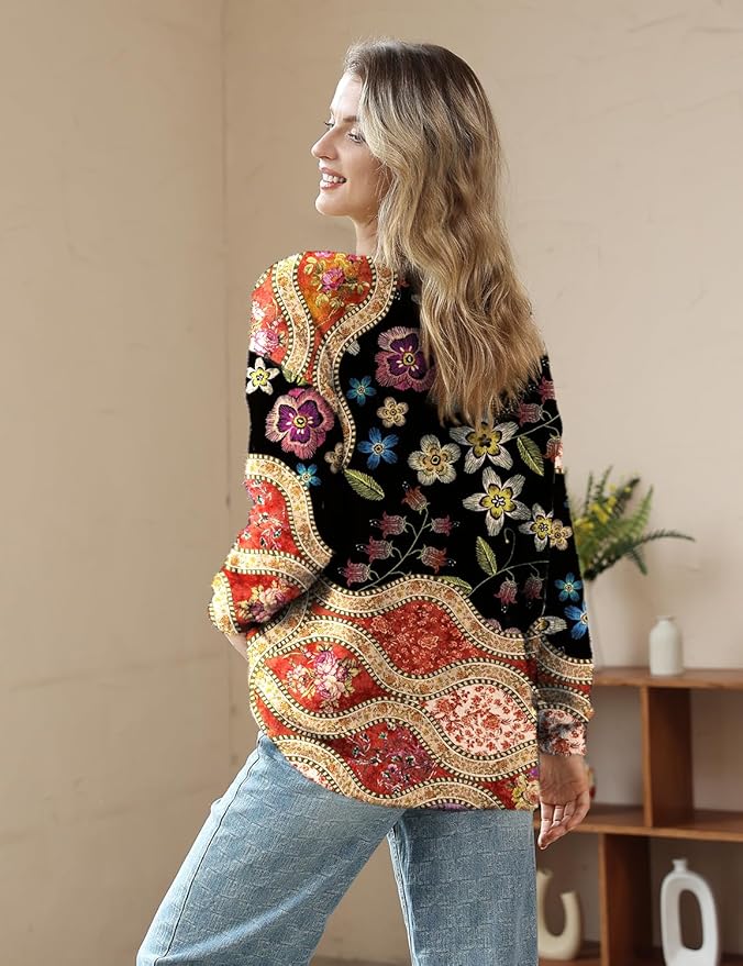 YESNO Women Christmas Sweater Graphic Printed Oversized Pullover Sweaters Casual Loose Knit Tops S01