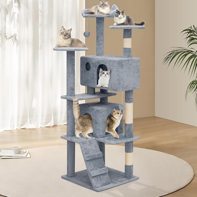 Athena Collection Cat Tree, 62 Inch Cat Tree Tower for Indoor Cats, Multi-Level Cat Tower House Activity Center with 2 Cat Condo & Scratching Post & Dangling Ball, Tall Cat Climbing Tower, LightGray